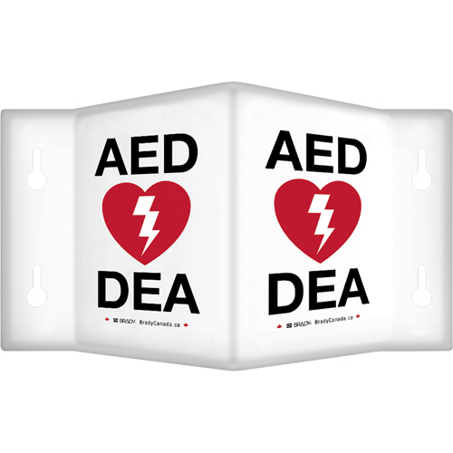 90° Projecting "AED/DEA" Sign, 9" x 6", Plastic, Bilingual with Pictogram Planification Entrepots Molloy
