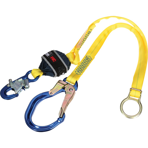 Tie-Back Web Shock-Absorbing Lanyard, 6', Rebar Hook Center, Snap Hook Leg Ends, Polyester Planification Entrepots Molloy