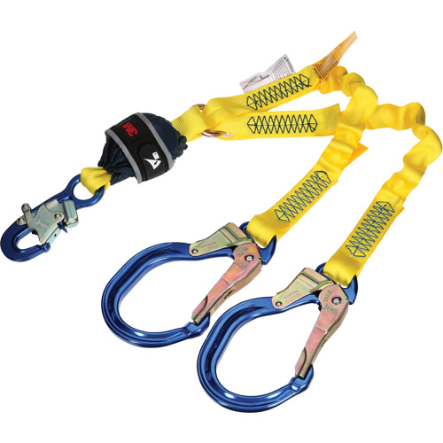 Twin-Leg Stretch Web Shock-Absorbing Lanyard, 4', Rebar Hook Center, Snap Hook Leg Ends Planification Entrepots Molloy