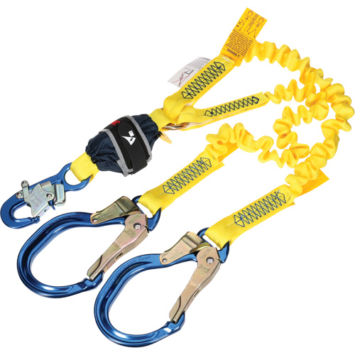 Twin-Leg Stretch Web Shock-Absorbing Lanyard, 6', Rebar Hook Center, Snap Hook Leg Ends Planification Entrepots Molloy