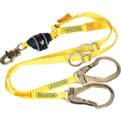 Twin-Leg Tie-Back Web Shock-Absorbing Lanyard, 6', Rebar Hook Center, Snap Hook Leg Ends, Polyester Planification Entrepots Molloy