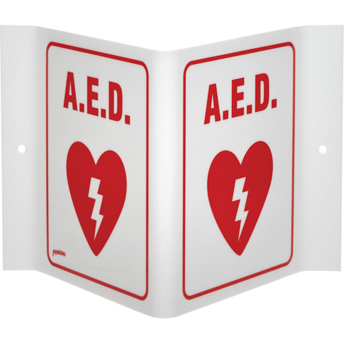 "A.E.D." V-Style Sign, 6" x 9", Acrylic, English with Pictogram Planification Entrepots Molloy