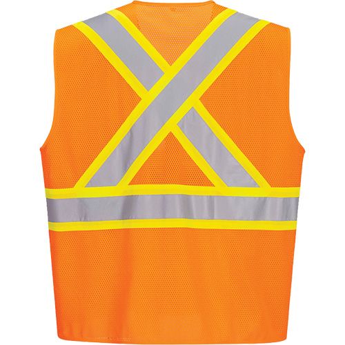 Contrast-Striped Safety Vest, High Visibility Orange, Small, Polyester Planification Entrepots Molloy
