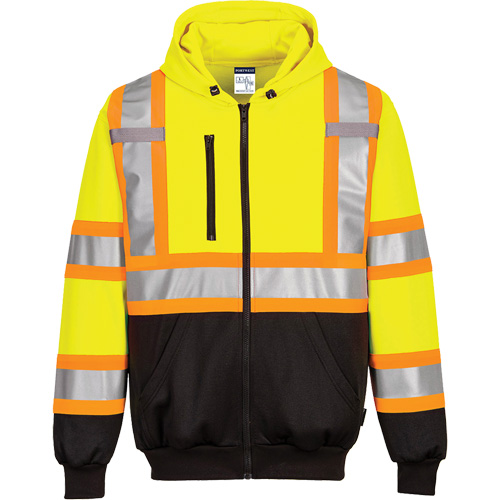 Chandail de s&eacute;curit&eacute; &agrave; capuchon avec bandes contrastantes, Petit, Noir/Jaune lime haute visibilit&eacute; Planification Entrepots Molloy
