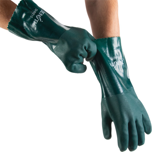 Double Dipped Green Gloves, 14" L, PVC, Cotton Jersey Inner Lining, 70-mil Planification Entrepots Molloy