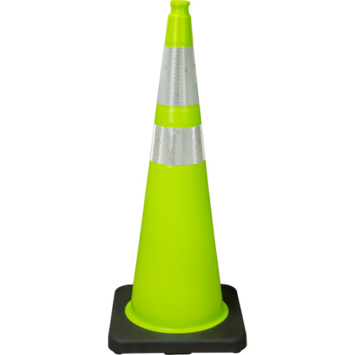 C&ocirc;ne de signalisation de premi&egrave;re qualit&eacute;, 36", Vert lime, Bande(s) r&eacute;fl&eacute;chissante(s) 4" & 6" Planification Entrepots Molloy
