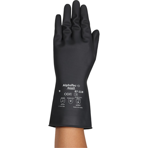Gants r&eacute;sistants aux produits chimiques AlphaTec 87-118, Taille Petit/7, 12,6" lo, Latex de caoutchouc, Doublure en Coton, 31-mil Planification Entrepots Molloy