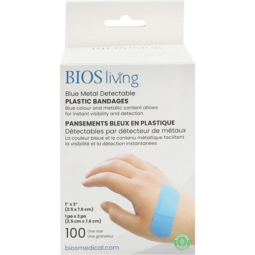Bandages hydrofug&eacute;s bleu, Rectangulaire/carr&eacute;e, 3", Plastique d&eacute;tectable, St&eacute;rile Planification Entrepots Molloy