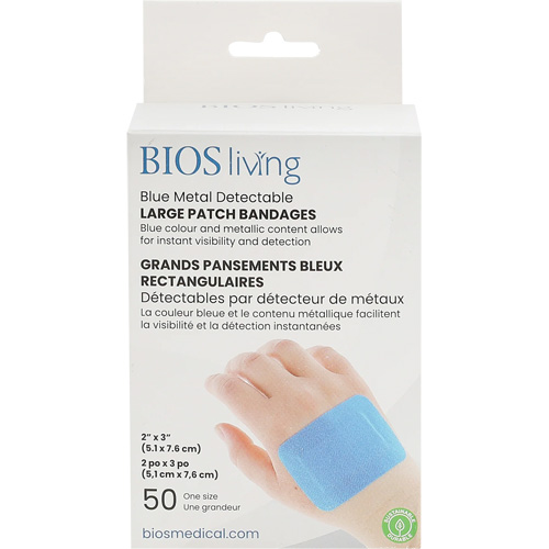 Blue Large Patch Bandages, Rectangular/Square, 3", Fabric Metal Detectable, Sterile Planification Entrepots Molloy