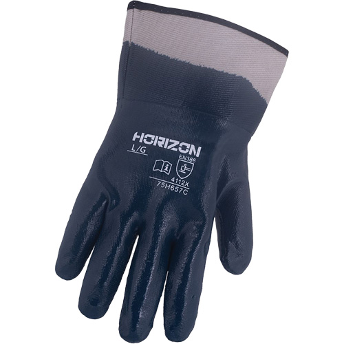 Gants bleu marine avec manchettes renforc&eacute;es &agrave; entoilage coll&eacute; Horizon, T-Grand, R&ecirc;vetement Nitrile, Enveloppe en Jersey/Coton Planification Entrepots Molloy