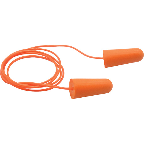 Bouchons d'oreilles coniques jetables en mousse de PU orange SEALTEC33, Avec cordon, Vrac - Boîte, 33 dB NRR, Taille unique Planification Entrepots Molloy