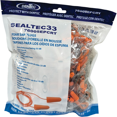 Bouchons d'oreilles coniques jetables en mousse de PU orange SEALTEC33, Vrac - Sac en poly, Avec cordon Planification Entrepots Molloy