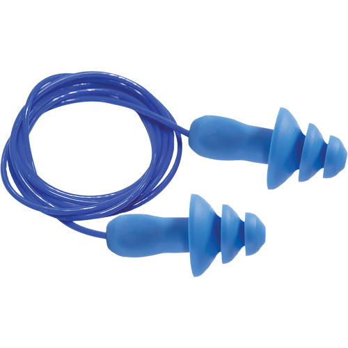 Bouchons d'oreilles r&eacute;utilisables bleus 100 % d&eacute;tectables par m&eacute;tal SEALTEC TipGrip, Avec cordon, Taille unique, Vrac - Boîte, NRR dB 26 dB Planification Entrepots Molloy