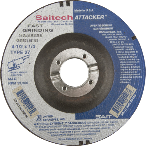 Saitech Attacker&reg; Fast Grinding Wheel, 4-1/2" x 1/4", 7/8" Arbor, Aluminum Oxide/Ceramic, Type 27 Planification Entrepots Molloy