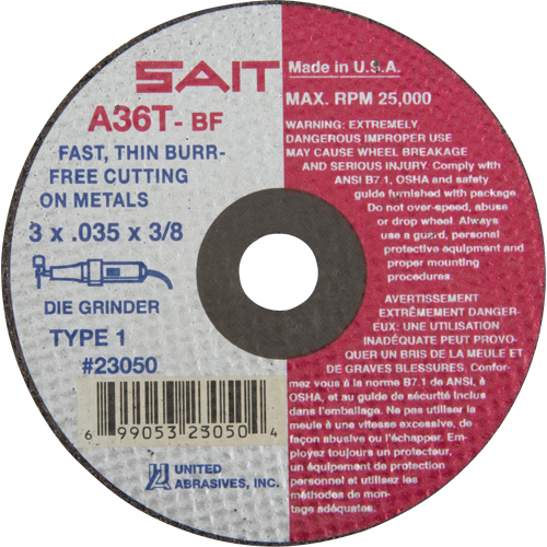 Cut-Off Wheel (A36T), 3" x 0.035", 3/8" Arbor, Type 27, Aluminum Oxide, 25000 RPM Planification Entrepots Molloy