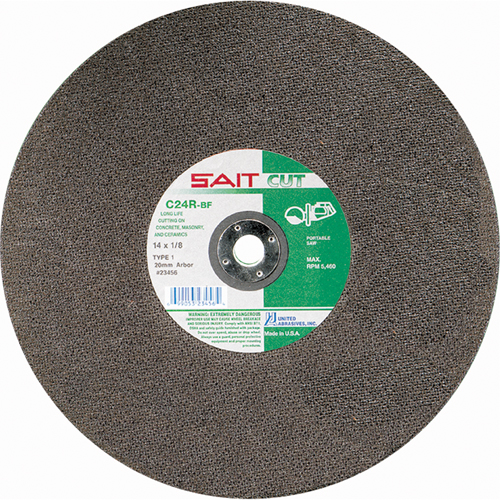 Meule &agrave; tronçonner haute vitesse pour le b&eacute;ton C24R, 14" x 1/8", Arbre de 1", Type 1, Carbure de silicium, 5400 Tr/min Planification Entrepots Molloy