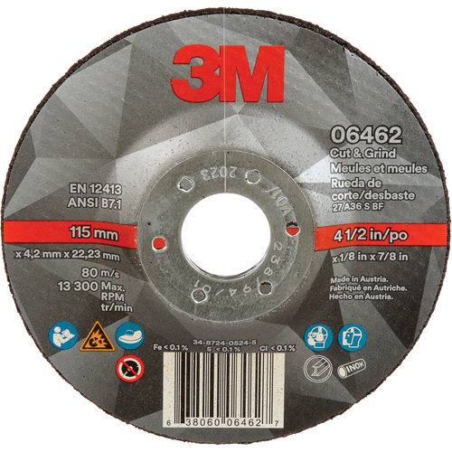 Cut & Grind Wheel, 4-1/2" x 1/8", 7/8" Arbor, Type 27, Ceramic Planification Entrepots Molloy
