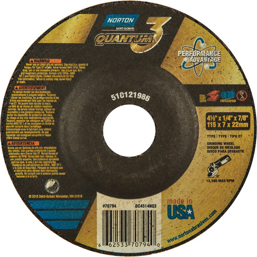 Quantum3 Grinding Wheel, 4-1/2" x 1/4", 7/8" Arbor, Ceramic Alumina, Type 27 Planification Entrepots Molloy