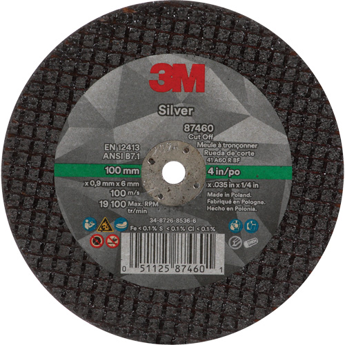 Silver Cut-Off Wheel, 4" x 0.04", 1/4"-28 Arbor, Type 1, Ceramic, 19100 RPM Planification Entrepots Molloy