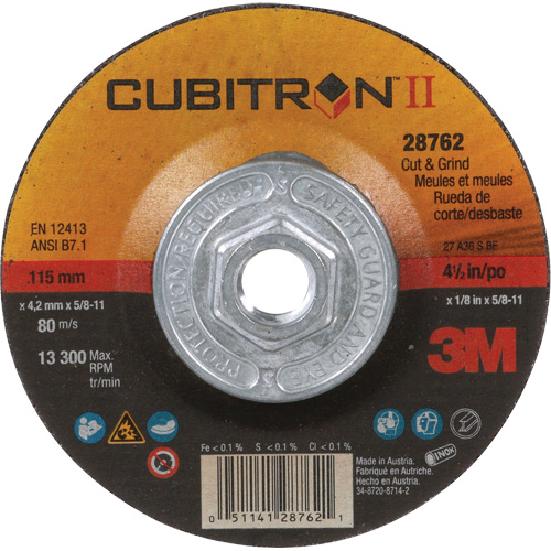 Cubitron II Quick Change Cut & Grind Wheel, 4-1/2" x 1/8", 5/8"-11 Arbor, Type 27, Ceramic Planification Entrepots Molloy