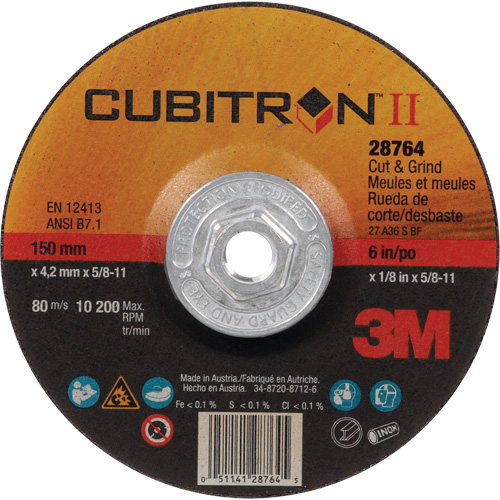 Disque de coupe et de meulage &agrave; changement rapide Cubitron II, 6" x 1/8", Arbre de 5/8"-11, Type 27, C&eacute;ramique Planification Entrepots Molloy