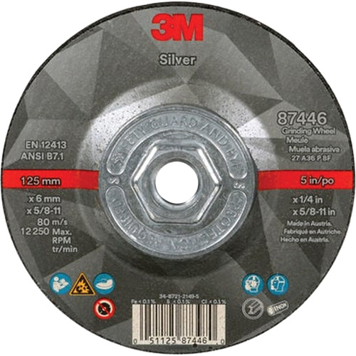 Quick Change Silver Depressed Centre Grinding Wheel 87446, 5" x 1/4", 5/8"-11 Arbor, Type 27, Ceramic Planification Entrepots Molloy