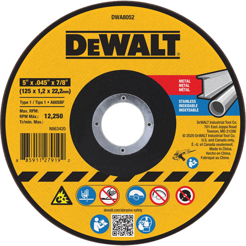 Metal Cut-Off Wheel, 5" x 0.045", 7/8" Arbor, Aluminum Oxide, Type 1 Planification Entrepots Molloy
