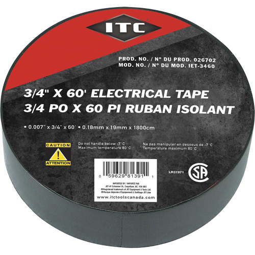 IET-3460 Ruban isolant, Ruban &eacute;lectrique, Rubans isolant, 19 mm (3/4") x 18,28 m (60'), Noir Planification Entrepots Molloy