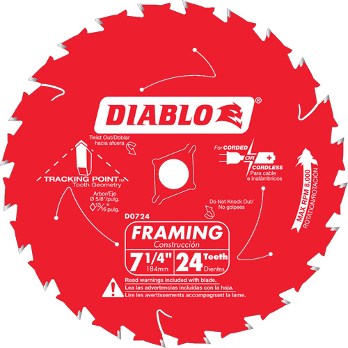 Lame de scie &agrave; charpente, 7-1/4", 24 dents, Pour Bois Planification Entrepots Molloy