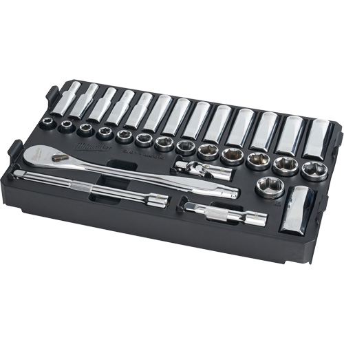 Cl&eacute; &agrave; cliquet et jeu de douilles avec organisateur compact &agrave; profil bas Packout, 32 Mcx, Prise de 3/8", Profond Planification Entrepots Molloy