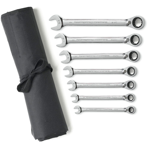 Jeu de cl&eacute;s &agrave; cliquets r&eacute;versibles SAE &agrave; 12 pans et 72 dents avec pochette &agrave; outils enroulable, Combinaison, 7 morceaux, Imp&eacute;rial Planification Entrepots Molloy