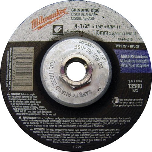 Meule, 4-1/2" x 1/4", Arbre 5/8"-11, Oxyde d'aluminium, Type 27 Planification Entrepots Molloy