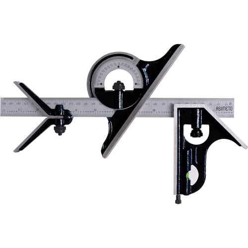 Combination Square Set with E/M Rule, 4 pcs., 1/64"/0.5 mm Graduations, Steel, Plain Planification Entrepots Molloy