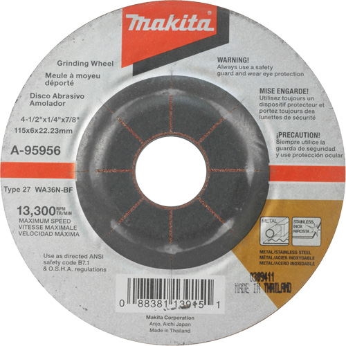 INOX Grinding Wheel, 4-1/2" x 1/4", 7/8" Arbor, Aluminum Oxide, Type 27 Planification Entrepots Molloy
