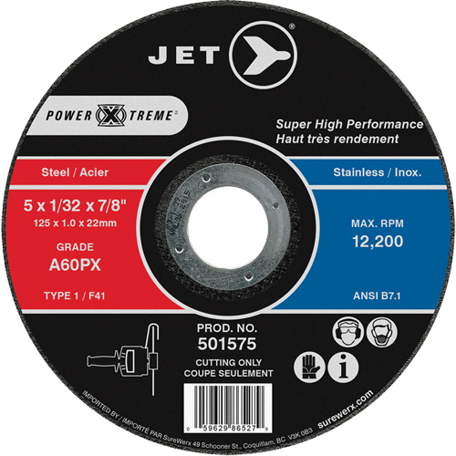 Meule &agrave; tronçonner Power-Xtreme A60PX, 5" x 1/32", Arbre de 7/8", Type 1, 12 200 Tr/min Planification Entrepots Molloy
