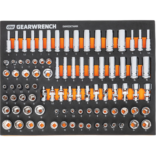 Jeu d'outils m&eacute;triques pour m&eacute;canicien MEGAMOD dans des plateaux en mousse modulaire avec armoire roulante &agrave; outils, 358 morcea Planification Entrepots Molloy