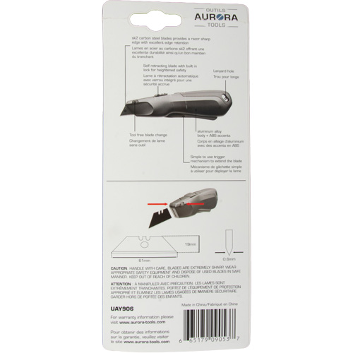 Couteau de s&eacute;curit&eacute; r&eacute;tractable , Acier inoxydable, Robuste, Prise en Plastique/Aluminium Planification Entrepots Molloy