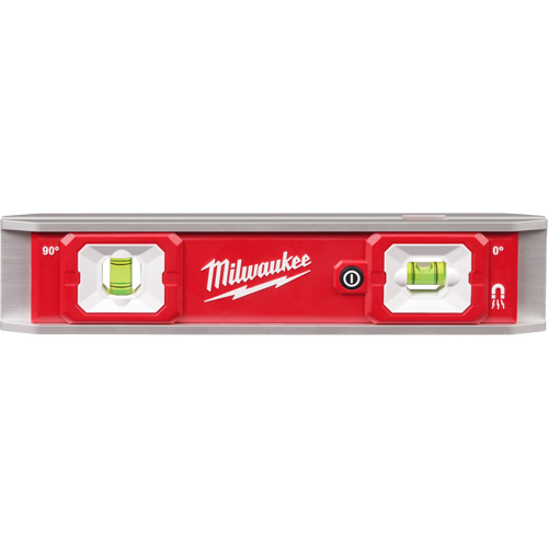 Torpedo Level with Lighted Vials, 9" L, Aluminum, 2 Vials, Magnetic Planification Entrepots Molloy