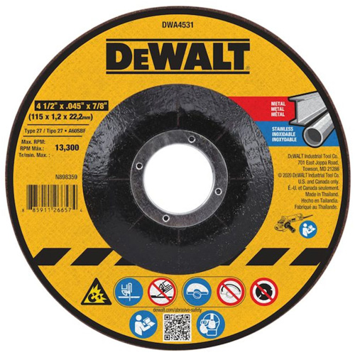 Metal Cutting Wheel, 4-1/2" x 0.045", 7/8" Arbor, Type 27, Aluminum Oxide Planification Entrepots Molloy