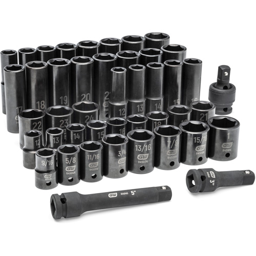 Jeu de douilles SAE/m&eacute;triques &agrave; 6 pans, 44 Mcx, Chocs, Prise de 1/2", Profond Planification Entrepots Molloy