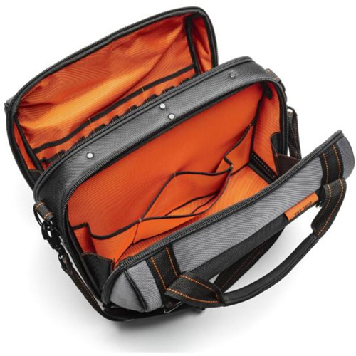 Sac ouvert de 17" pour outils d'ouvrier, Polyester, 3 pochettes, Noir/Gris/Orange Planification Entrepots Molloy