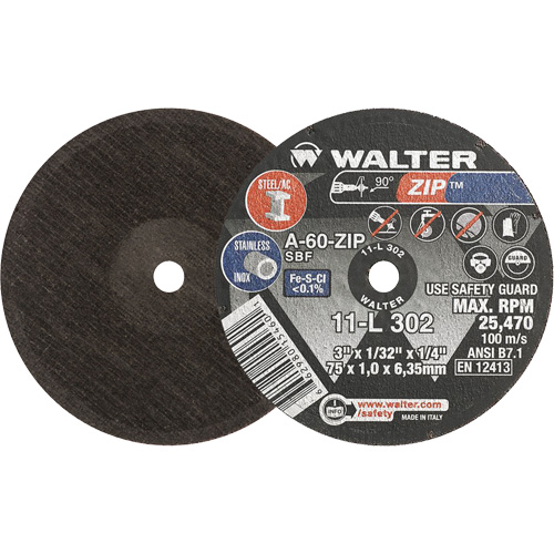 Zip Cut-Off Wheel, 3" x 1/32", 1/4" Arbor, Type 1, Aluminum Oxide, 25470 RPM Planification Entrepots Molloy