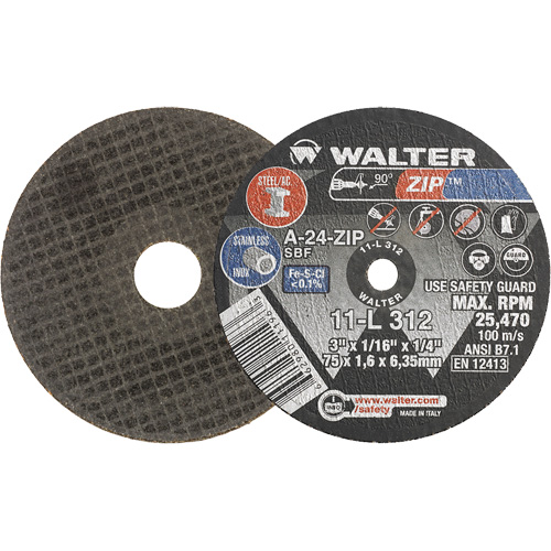Zip Cut-Off Wheel, 3" x 1/16", 1/4" Arbor, Type 1, Aluminum Oxide, 25470 RPM Planification Entrepots Molloy