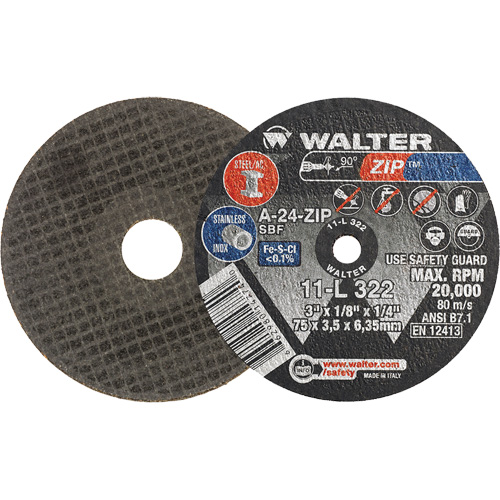 Zip Cut-Off Wheel, 3" x 1/8", 1/4" Arbor, Type 1, Aluminum Oxide, 25470 RPM Planification Entrepots Molloy