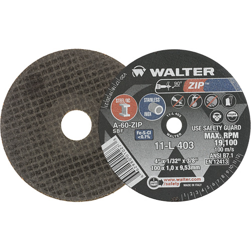 Zip Cut-Off Wheel, 4" x 1/32", 3/8" Arbor, Type 1, Aluminum Oxide, 19100 RPM Planification Entrepots Molloy