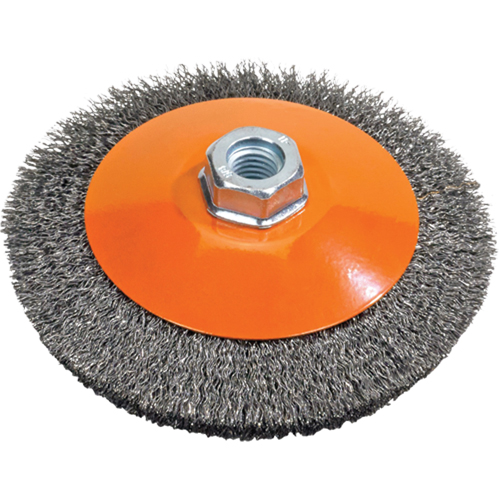Brosse soucoupe &agrave; fils nou&eacute;s torsad&eacute;s, Dia. 5", Fils 0,02", Arbre 5/8"-11, Acier Planification Entrepots Molloy