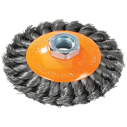 Knot-Twisted Saucer Cup Wire Wheel, 7" Dia., 0.02" Fill, 5/8"-11 Arbor, Steel Planification Entrepots Molloy