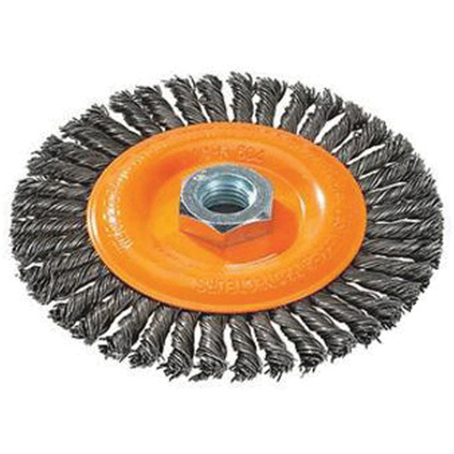 Stringer Bead Knotted Wire Brush, 4" Dia., 0.02" Fill, 5/8"-11 Arbor, Steel Planification Entrepots Molloy