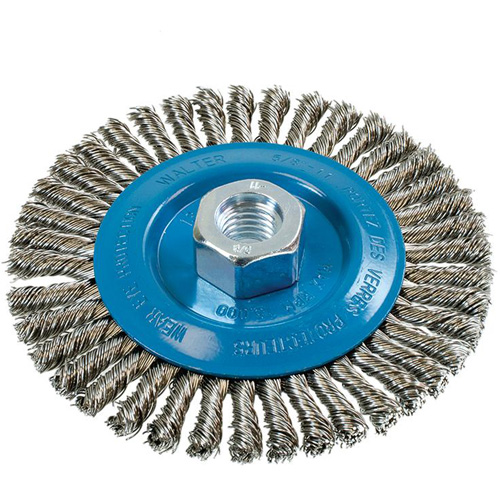 Brosse &agrave; fils &eacute;troits nou&eacute;s et torsad&eacute;s, Dia. 5", Fils 0,02", Arbre 5/8"-11, Aluminium/Acier inoxydable Planification Entrepots Molloy
