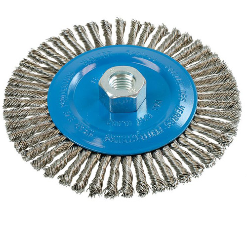 Brosse &agrave; fils &eacute;troits nou&eacute;s et torsad&eacute;s, Dia. 6", Fils 0,02", Arbre 5/8"-11, Aluminium/Acier inoxydable Planification Entrepots Molloy